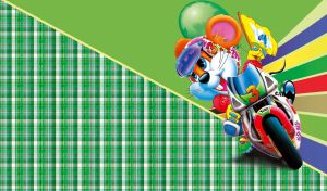 Cute mouse on a motorcycle with a balloon and flag on a green background with rainbow strokes