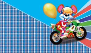 Happy mouse on a motorcycle with a balloon on blue background with rainbow strokes