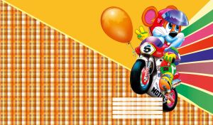 Funny mouse rides motorcycle a wheelie with a balloon, on a yellow background with rainbow strokes