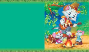 Cat with guitar and mice in colorful animated nature surroundings