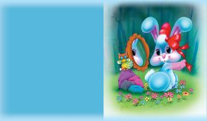 Animated cute bunny looking at the mirror on a blue background