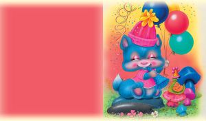 Animated happy kitten with colorful balloons and mushrooms