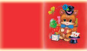 Animated happy kitten with random toys on a red background