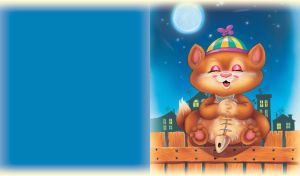 Animated happy kitten with fish skeleton on a blue background