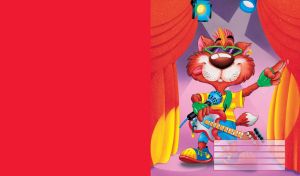 Animated happy rocky cat playing electric guitar on a red background