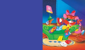 Animated happy rocky she-cat talking on a phone on a navy background