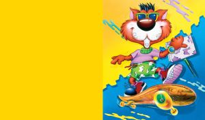 Animated happy rocky cat riding skateboard on a yellow blue background