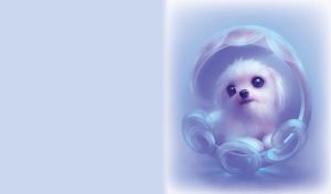 Cute little puppy in a pod house on a lite violet background