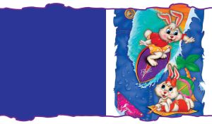 Animated cute rabbits surfing on waves on a navy background