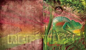 Green reptile chameleon in a jungle on a red background