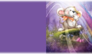 Animated cute rainbow mouse in the magical forest on a violet background