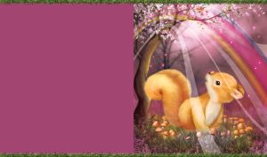 Animated cute rainbow squirrel in the magical nature on a purple background