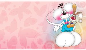 An animated giant, white mouse hugs a smiling, brown rabbit