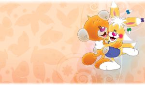 An animated red teddy bear hugs a smiling, yellow fox in a blue dress