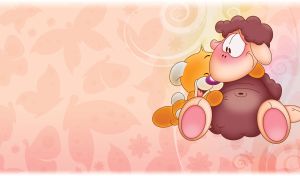 An animated sand color doggie hugs a smiling, brown sheep