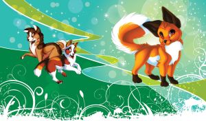 Cartoon foxy ginger dog smiles in the green sparkled background