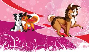 Cartoon brown and beige dog runs in the purple sparkled background