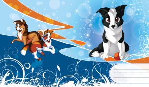 Cartoon black and white dog sits in the blue sparkled background