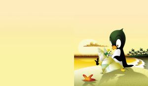 Animated penguin and hermit crab plays with the shells on a beach at sunset