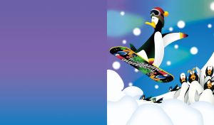 Animated penguin in a red hat performs in snowboard competition