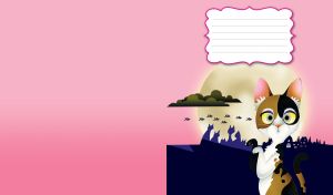 Animated mysterious cat stands against the yellow moon in the pink sky