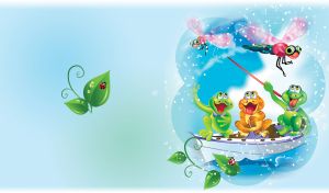 Two green frogs and an orange frog are fishing and observing pink dragonflies