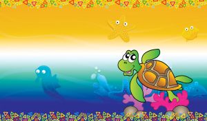 Green cartoon sea turtle swims with a yellow starfish, seashell and a seahorse
