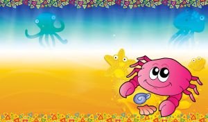 Pink cartoon crab surrounded by jellyfish and seashell with starfish and octopus aside