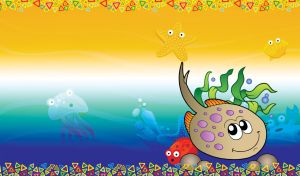 Cartoon stingray swims next to red fish, blue crab, and other sea mates