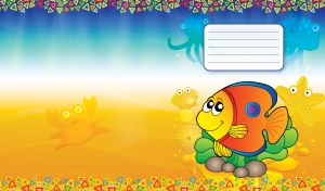 Motley cartoon fish swims by a blue jellyfish and octopus with other sea mates around