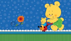 Yellow mommy bear drives a baby bear on a ladybug stroller on blue and green