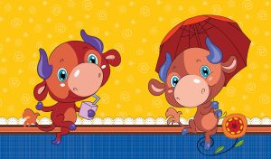 Brown cow with blue horns dances with a red umbrella on yellow and blue