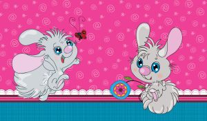 Grey bunny with long ears and fluffy tail picks flowers on teal and fuchsia