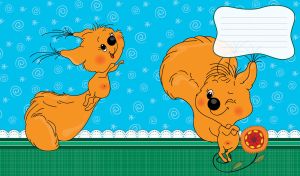 Frisky winking tan squirrel with a fluffy tail on green and light-blue