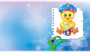 Yellow chicken in a blue shower cap preparing a bag for school on blue