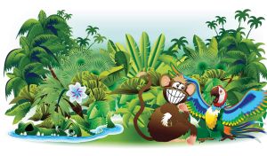 Brown smiling monkey, a giggling parrot and a crocodile in the green jungle