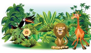 Grinning lion, frightened giraffe and waving toucan in the green jungle