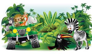 Black toucan a baby zebra and group of animals on a ride in the green jungle