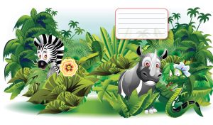 Thoughtful rhinoceros, a green python and baby zebra hiding in the green jungle