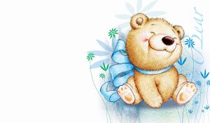 Crayon drawing of a happy bear with a pastel blue bow