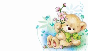 Crayon drawing of a tan bear with a pastel green bow holds pink flowers