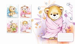 Crayon drawing of a bear wrapped in a pastel pink towel