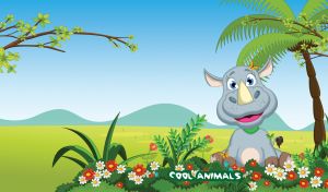Happy grey cartoon rhino in the green jungle on a blue sunny day