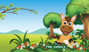 Happy brown cartoon horse in the green forest on a blue sunny day