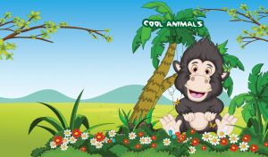 Happy black and tan cartoon monkey in the green jungle on a blue sunny day