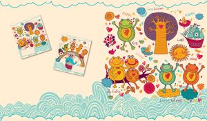 Child's drawing of a happy frog family on a holiday by the water