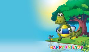 Animated crocodile in a lifebuoy and a happy bee on a green bank by a blue river