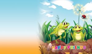 Animated happy frogs on rocks and a flying ladybug on a light blue summer day