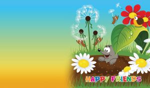 Animated happy mole, ants and a snail in a green field on a blue summer day