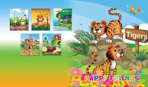 Animated happy tigers and butterflies in a green jungle on a blue summer day